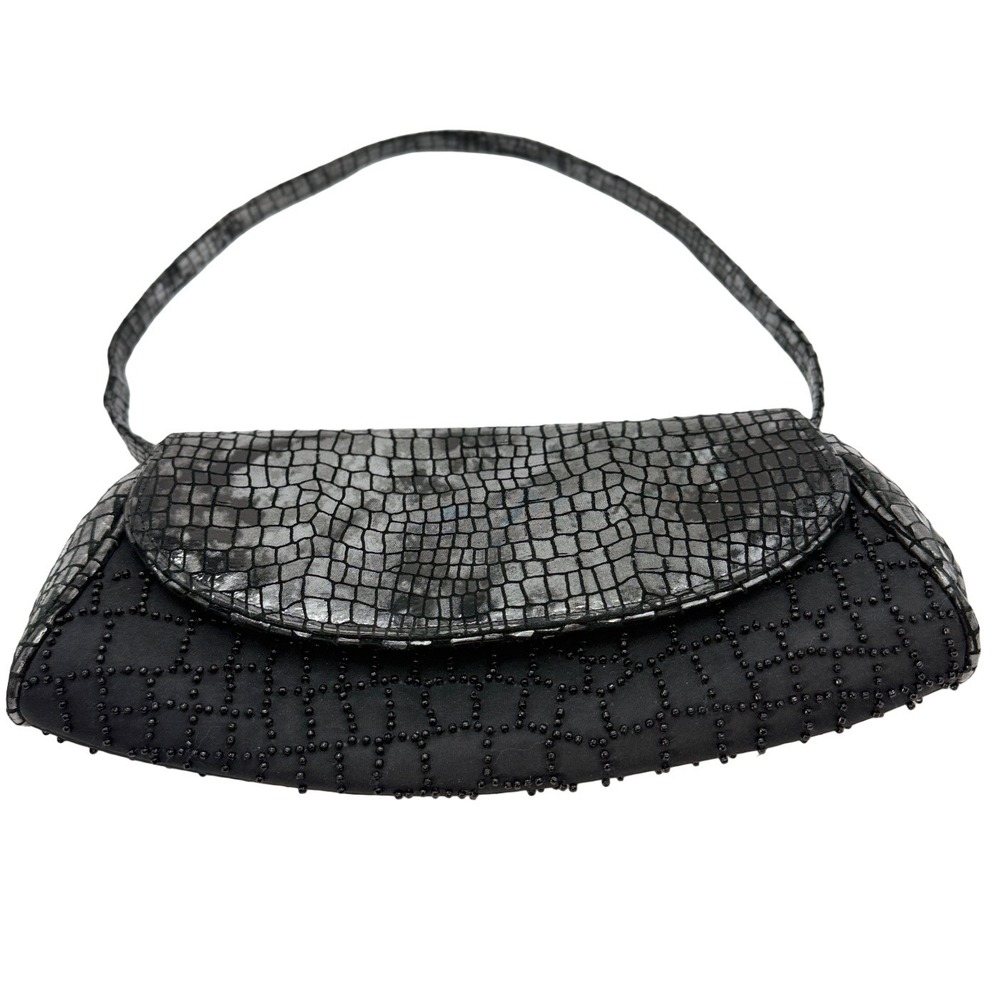 Inge Christopher Y2K Black Beaded Metallic Silver Croc Embossed Evening Purse